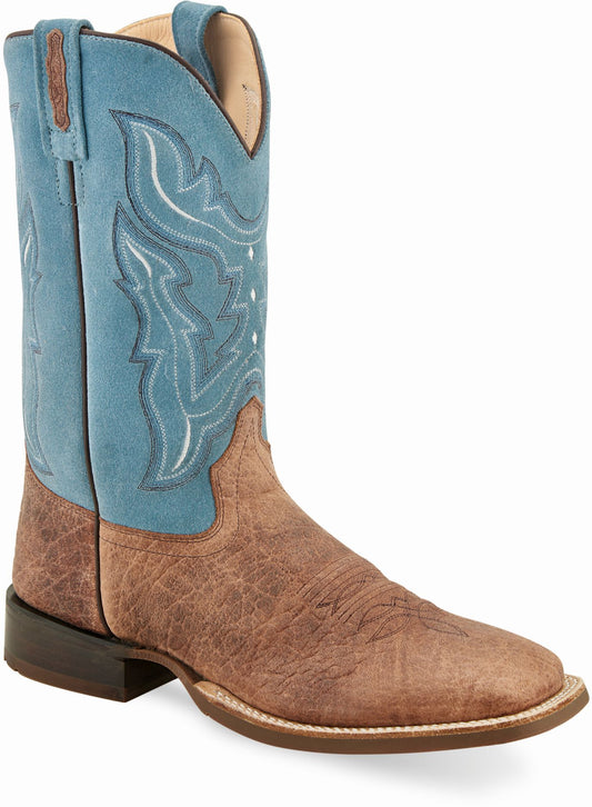 Old West Brown Bull Hide Print Foot Sky Blue Suede Shaft Men's Broad Square Toe Boots - Old West