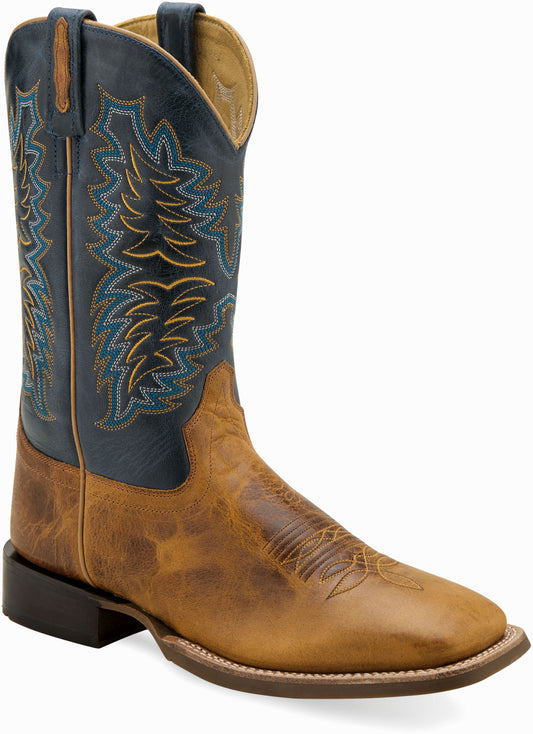 Old West Burnt Brown Foot Cactus Navy Shaft Men's Broad Square Toe Boots - Old West