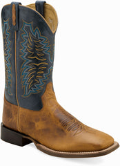 Old West Burnt Brown Foot Cactus Navy Shaft Men's Broad Square Toe Boots