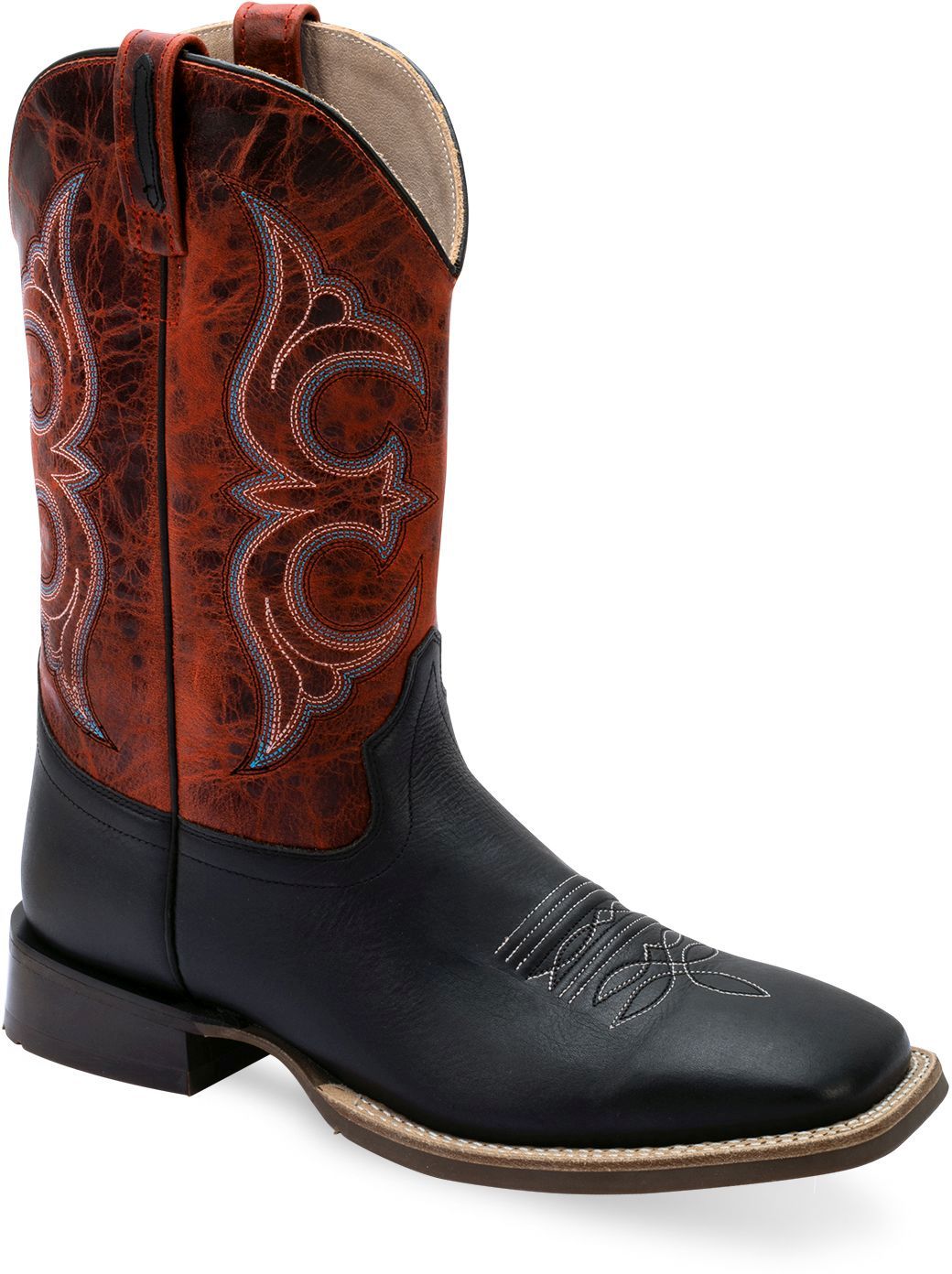 Old West Black Foot Burnt Red Shaft MEN'S BROAD SQUARE TOE BOOTS