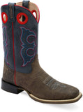 Old West Dark Brown Bull Hide Print Foot Cactus Navy Shaft MEN'S BROAD SQUARE TOE BOOTS