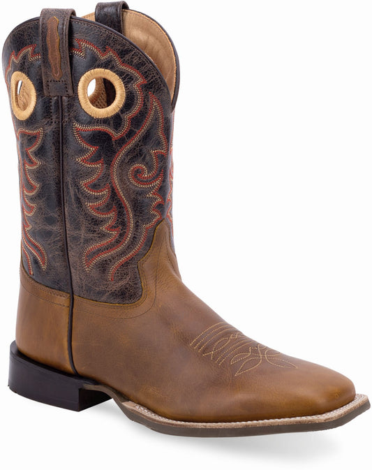 Old West Crazy Horse Tan Foot Burnt Dark Brown Shaft Men's Broad Square Toe Boots - Old West