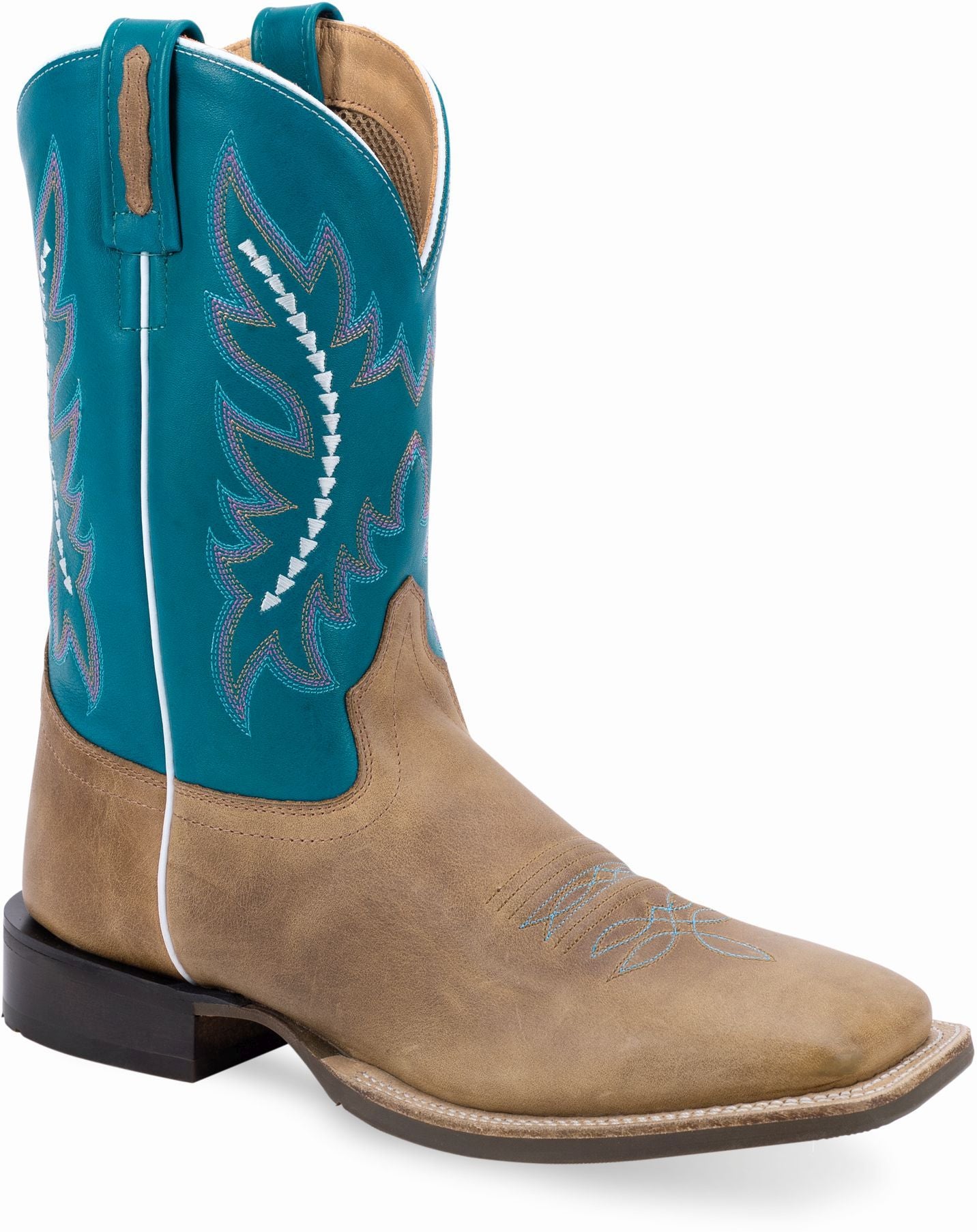 Old West Light Brown Foot Antique Polish Turquoise Shaft Men's Broad Square Toe Boots