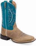 Old West Light Brown Foot Antique Polish Turquoise Shaft Men's Broad Square Toe Boots