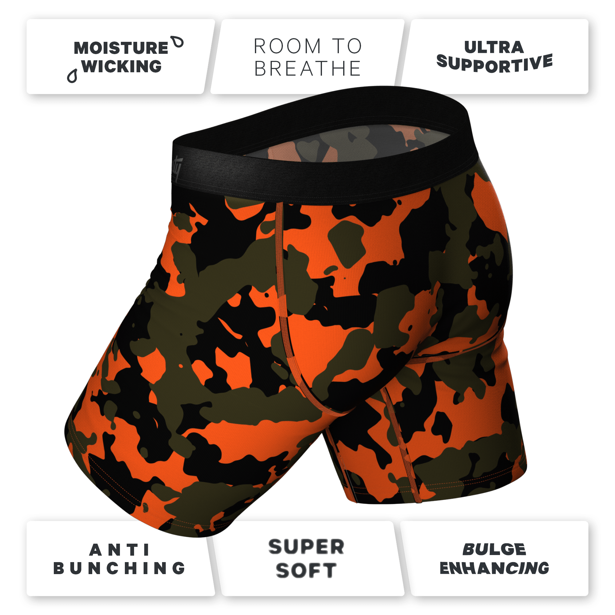 The Bambi Bunchers | Orange Camo Deer Long Leg Ball Hammock® Pouch Underwear With Fly - Shinesty