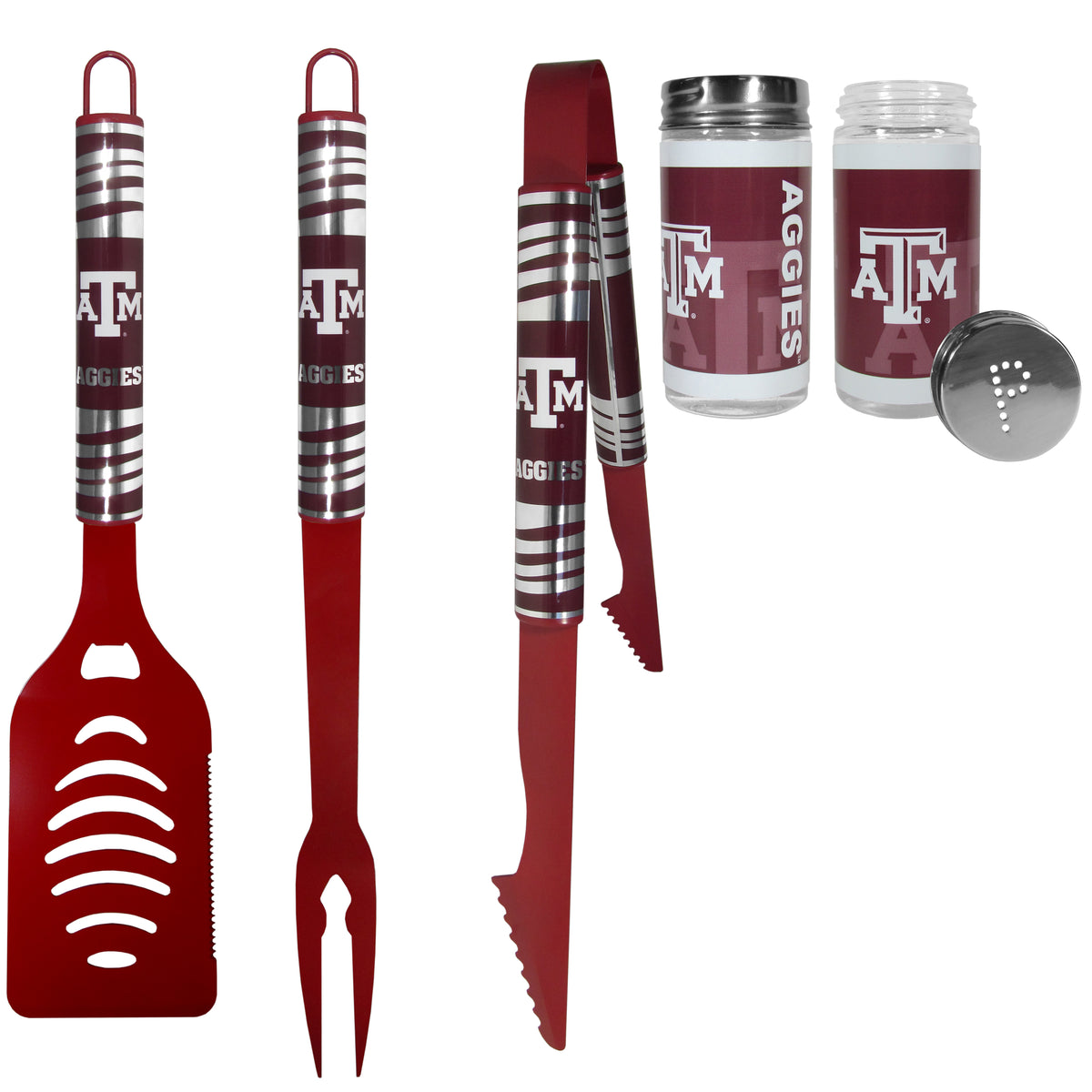 Texas A & M Aggies 3pc Color BBQ Tools w/Salt & Pepper Shakers