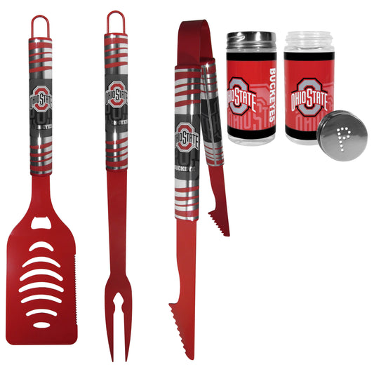 Ohio St. Buckeyes 3pc Color BBQ Tools w/Salt & Pepper Shakers