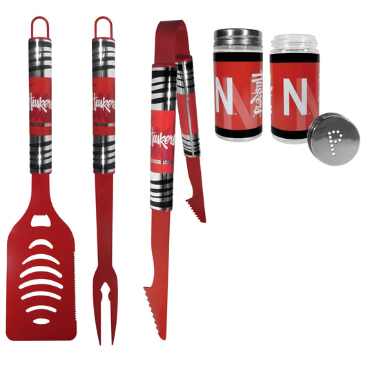 Nebraska Cornhuskers 3pc Color BBQ Tools w/Salt & Pepper Shakers - Nebraska Cornhuskers