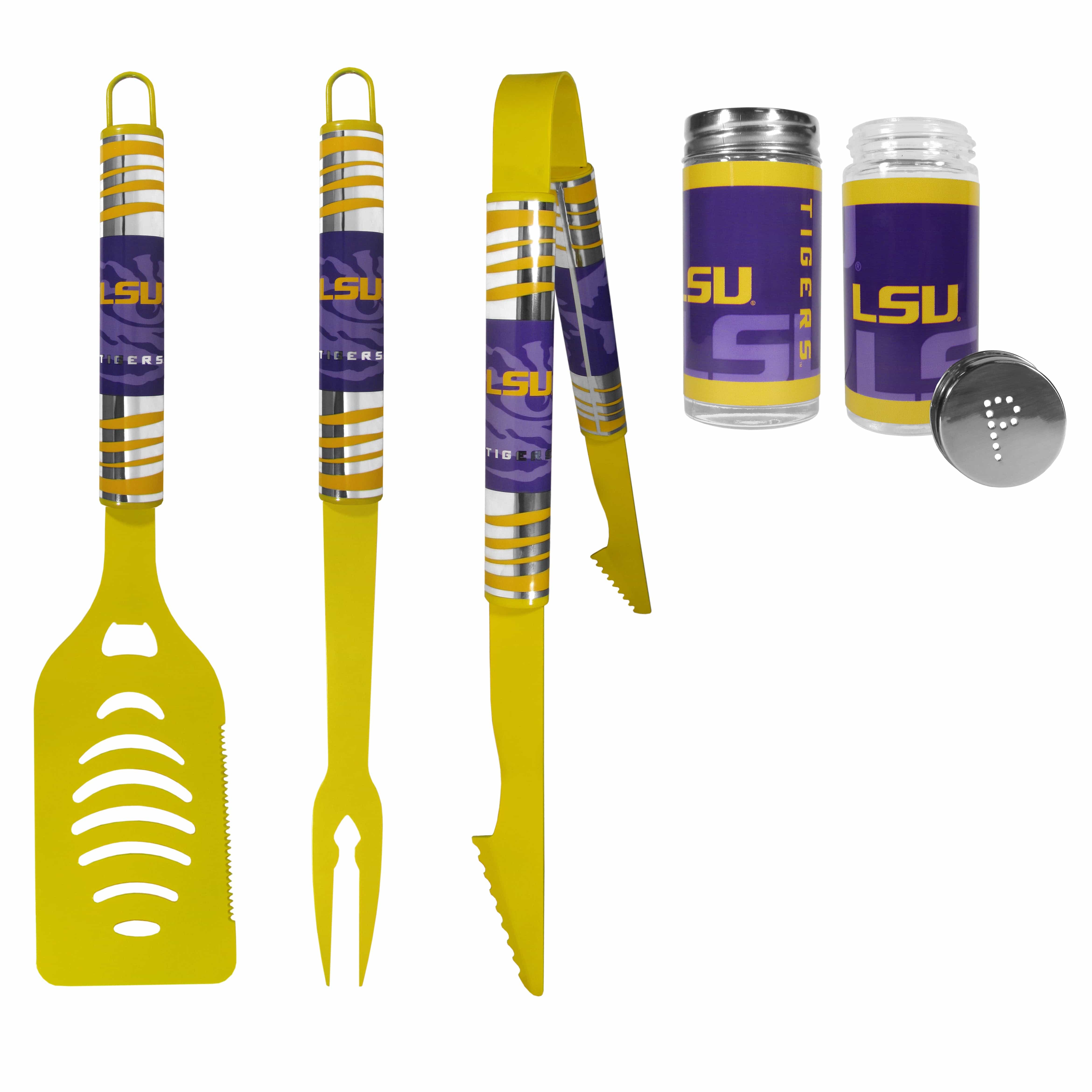 LSU Tigers 3pc Color BBQ Tools w/Salt & Pepper Shakers - LSU Tigers