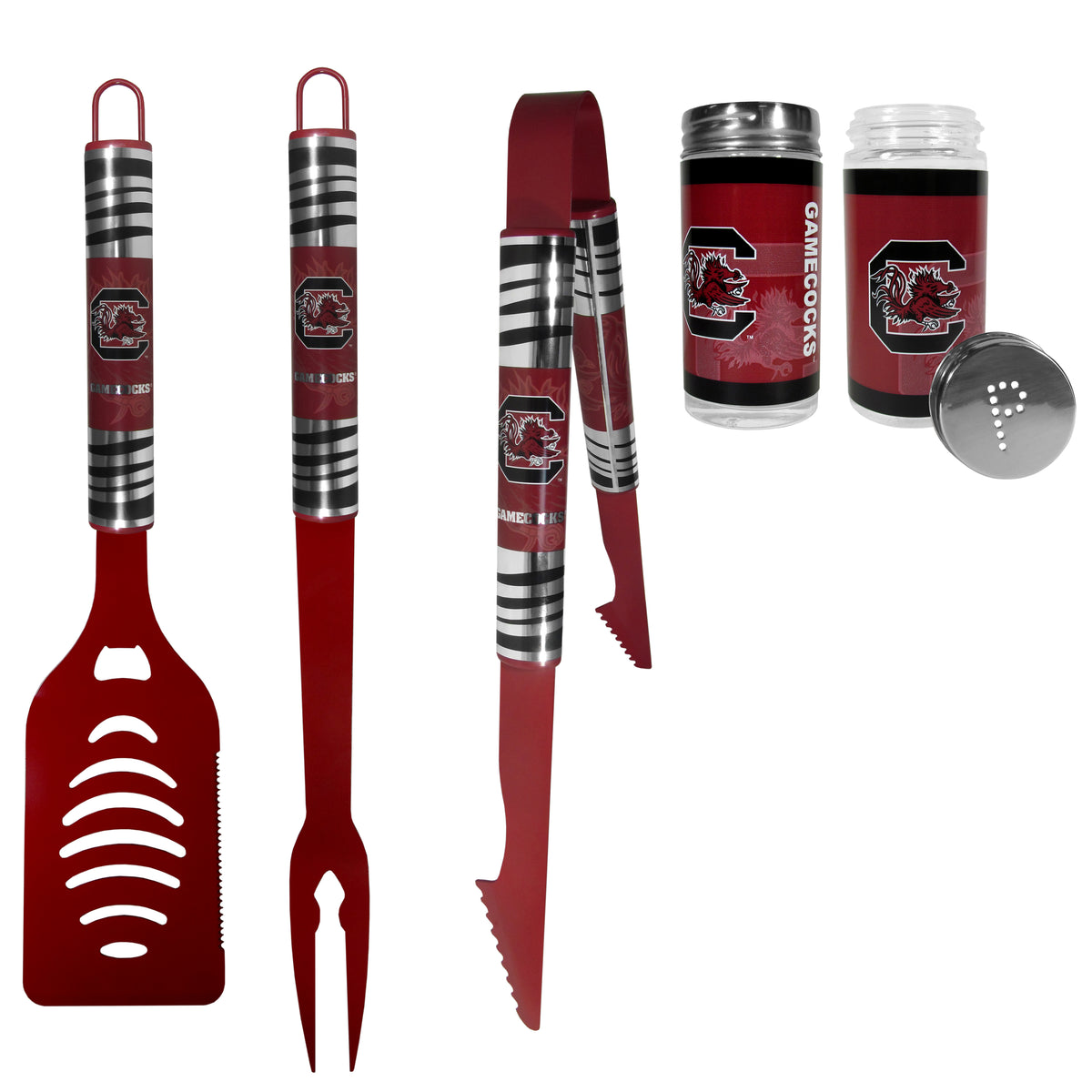 S. Carolina Gamecocks 3pc Color BBQ Tools w/Salt & Pepper Shakers