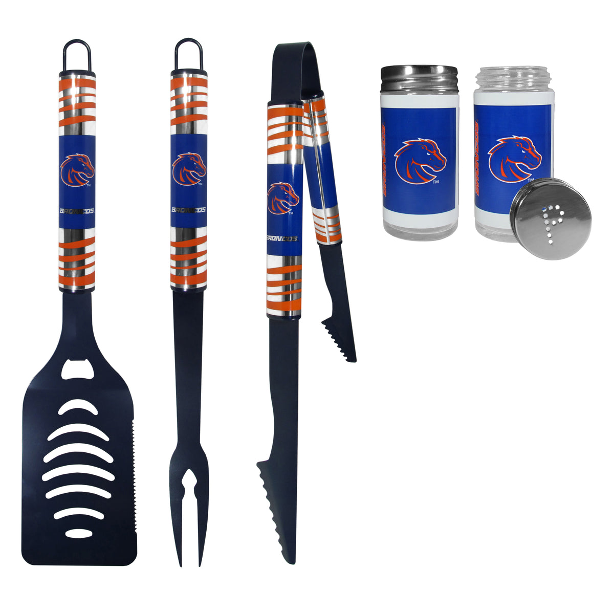 Boise St. Broncos 3pc Color BBQ Tools w/Salt & Pepper Shakers