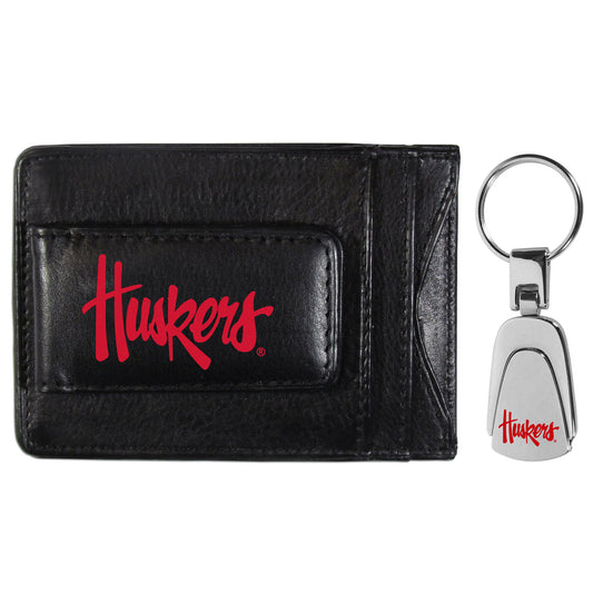 Nebraska Cornhuskers Leather Cash & Cardholder & Steel Key Chain