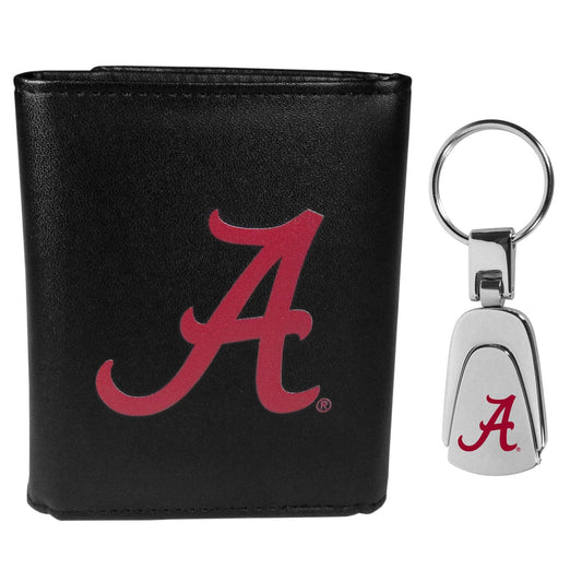 Alabama Crimson Tide Leather Tri-fold Wallet & Steel Key Chain - Alabama Crimson Tide