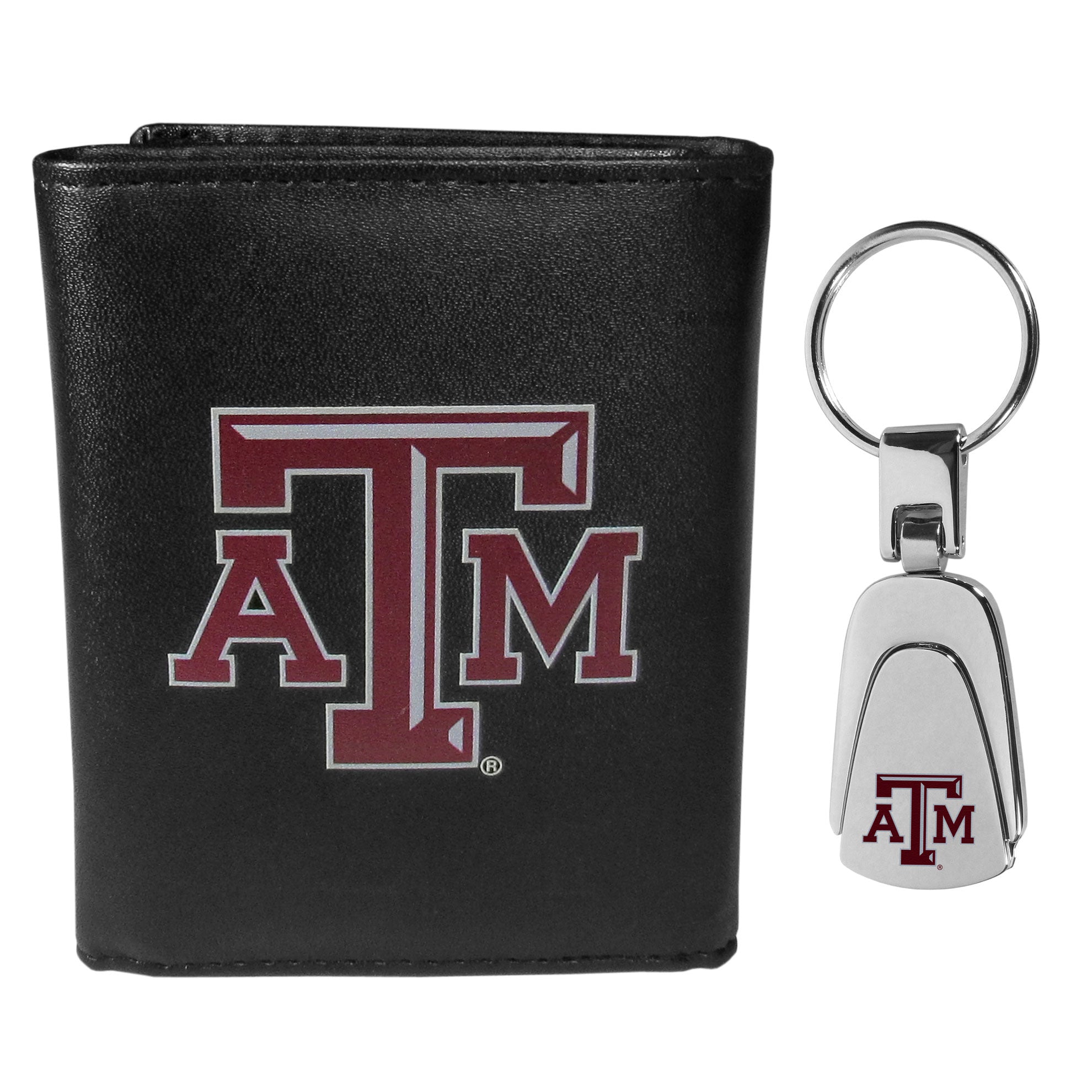 Texas A & M Aggies Leather Tri-fold Wallet & Steel Key Chain