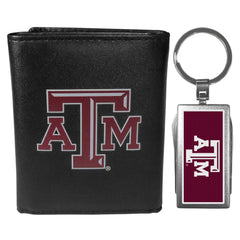 Texas A & M Aggies Leather Tri-fold Wallet & Multitool Key Chain Black