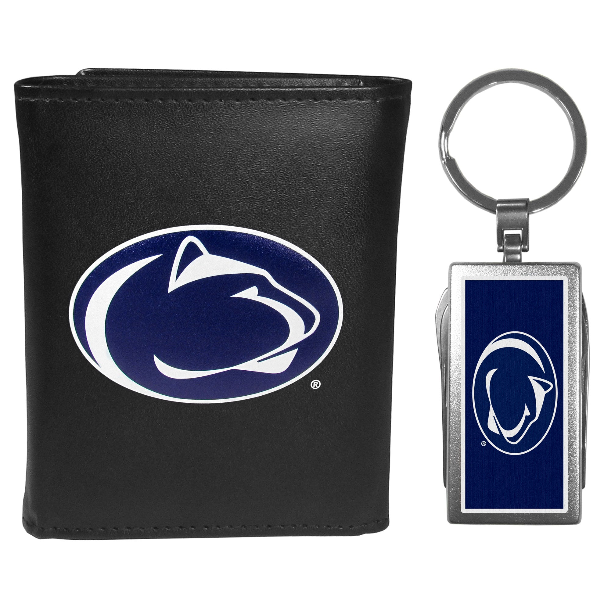 Penn St. Nittany Lions Leather Tri-fold Wallet & Multitool Key Chain Black