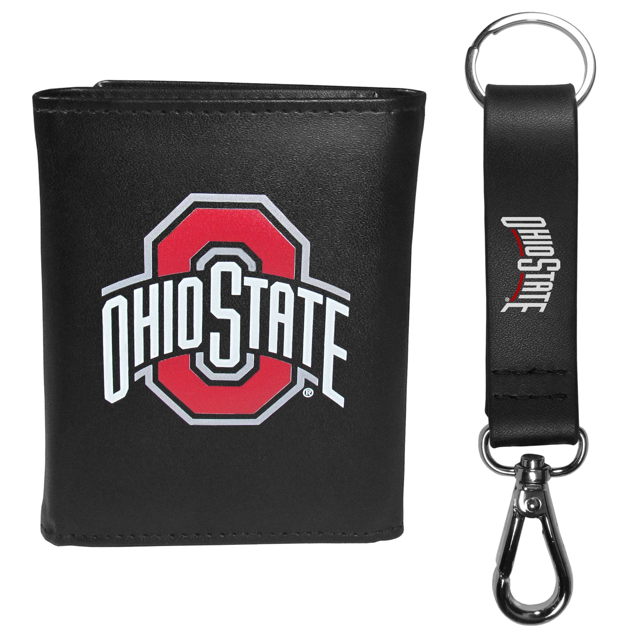 Ohio St. Buckeyes Leather Tri-fold Wallet & Strap Key Chain