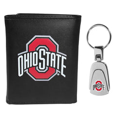 Ohio St. Buckeyes Leather Tri-fold Wallet & Steel Key Chain