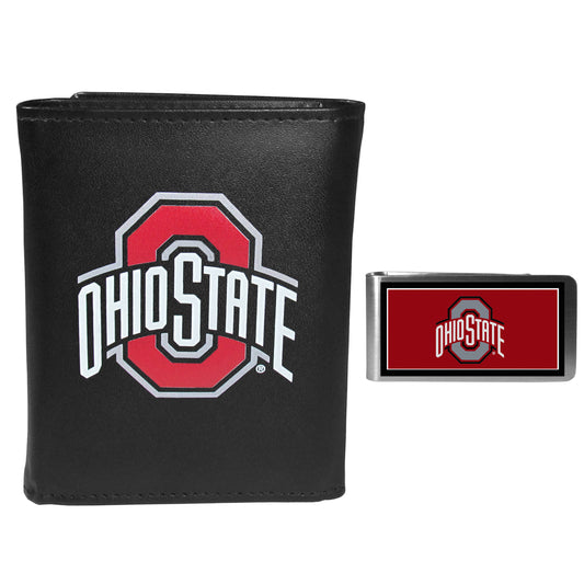 Ohio St. Buckeyes Leather Tri-fold Wallet & Color Money Clip