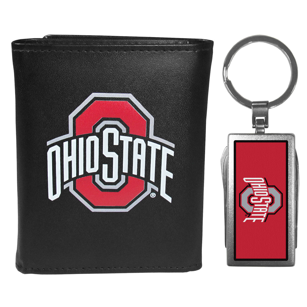 Ohio St. Buckeyes Leather Tri-fold Wallet & Multitool Key Chain Black