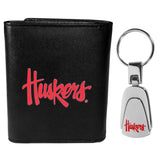 Nebraska Cornhuskers Leather Tri-fold Wallet & Steel Key Chain