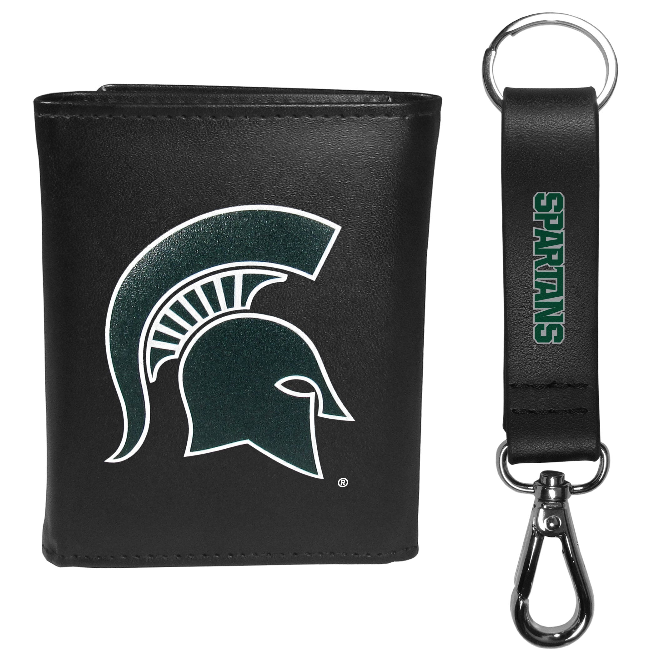 Michigan St. Spartans Leather Tri-fold Wallet & Strap Key Chain