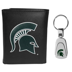 Michigan St. Spartans Leather Tri-fold Wallet & Steel Key Chain