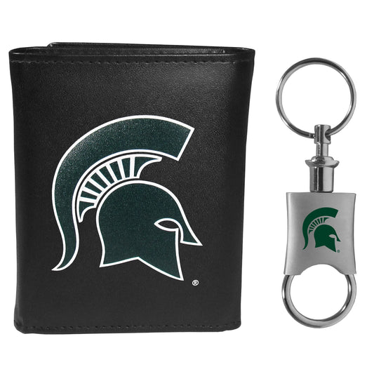 Michigan St. Spartans Leather Tri-fold Wallet & Valet Key Chain