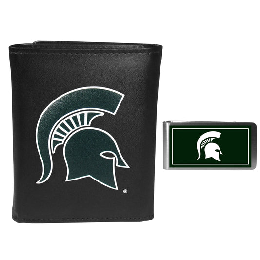 Michigan St. Spartans Leather Tri-fold Wallet & Color Money Clip