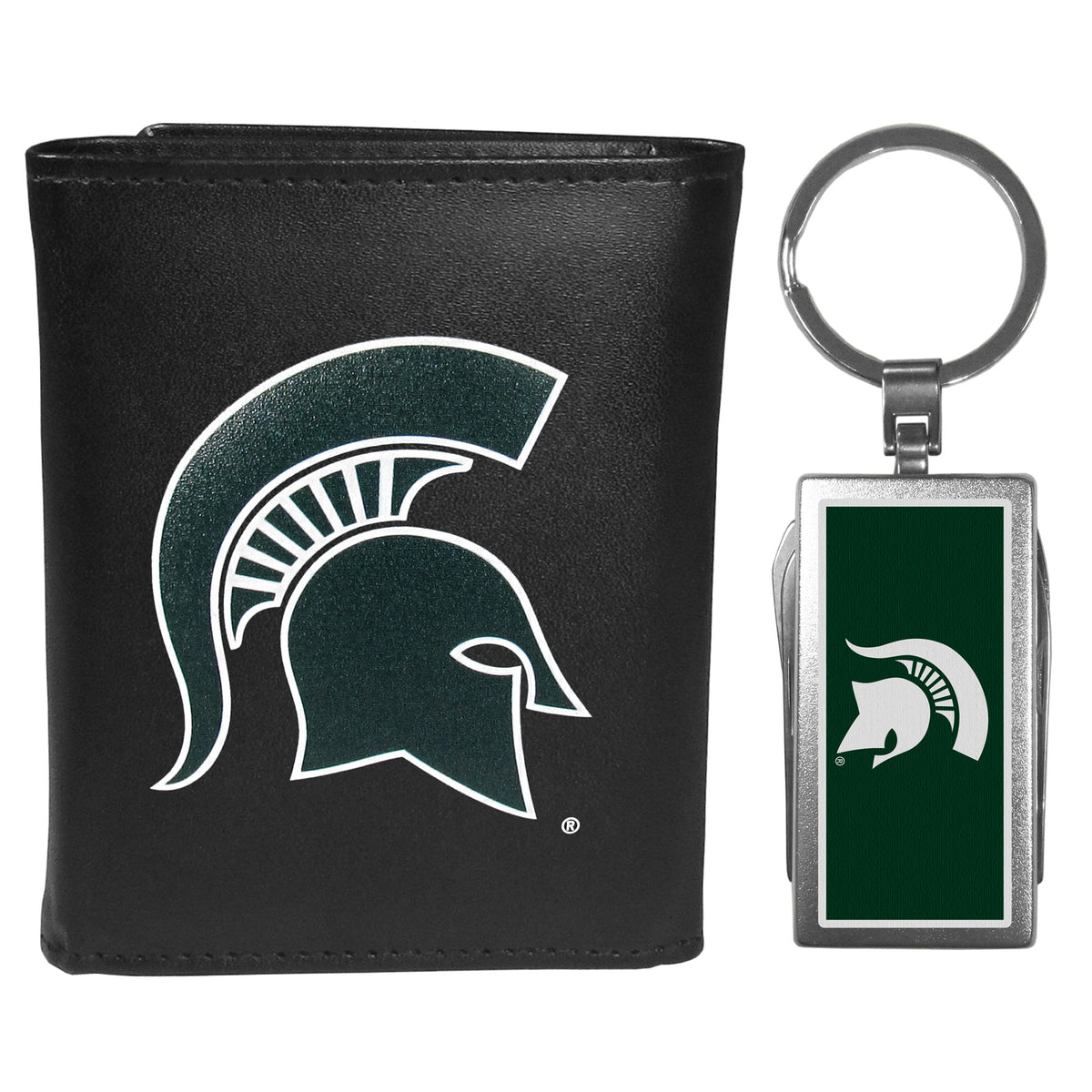 Michigan St. Spartans Leather Tri-fold Wallet & Multitool Key Chain Black