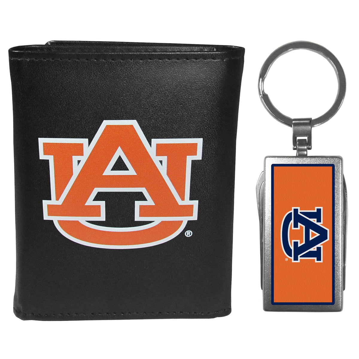 Auburn Tigers Leather Tri-fold Wallet & Multitool Key Chain Black