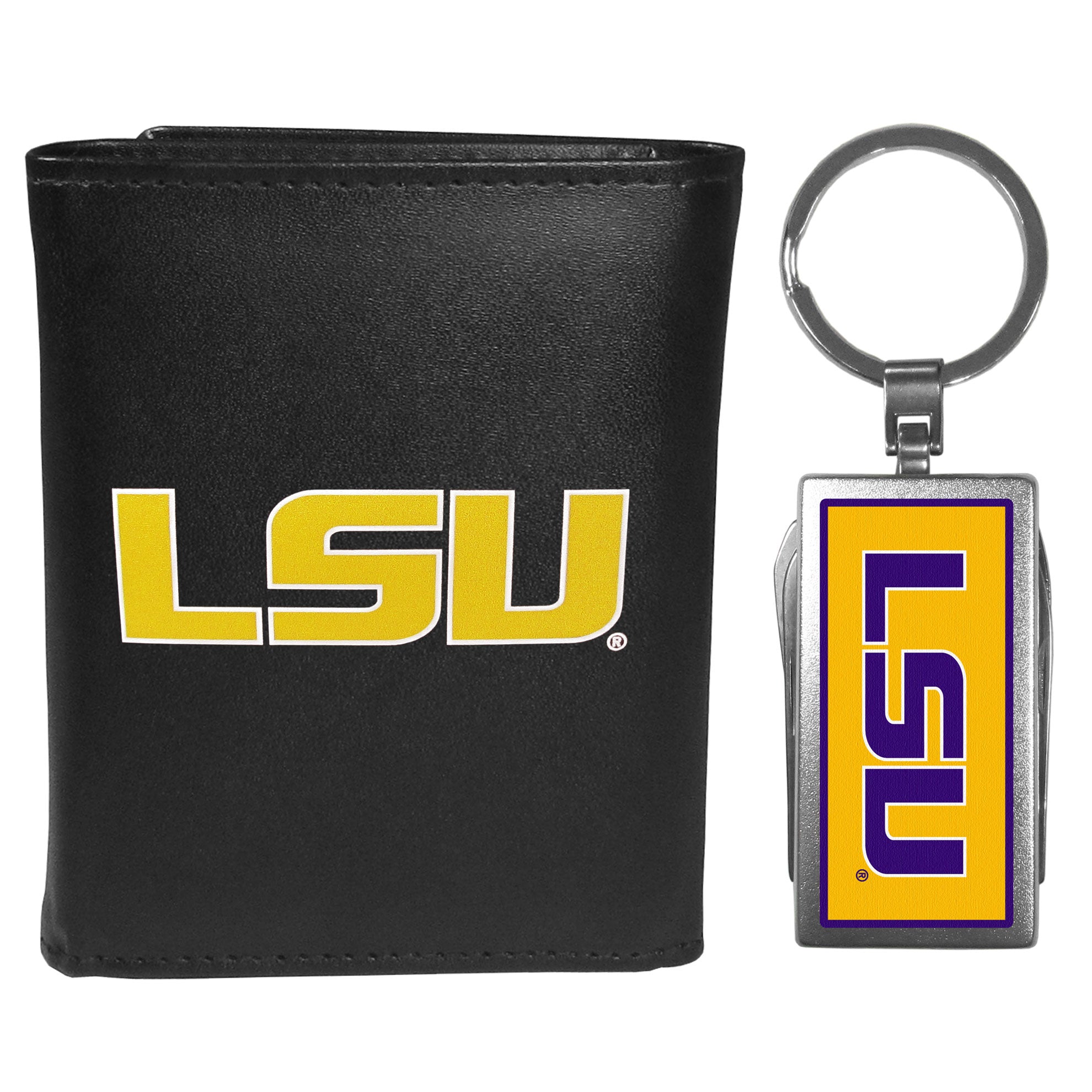 LSU Tigers Leather Tri-fold Wallet & Multitool Key Chain Black