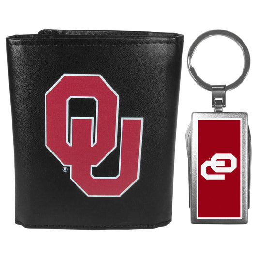 Oklahoma Sooners Leather Tri-fold Wallet & Multitool Key Chain Black