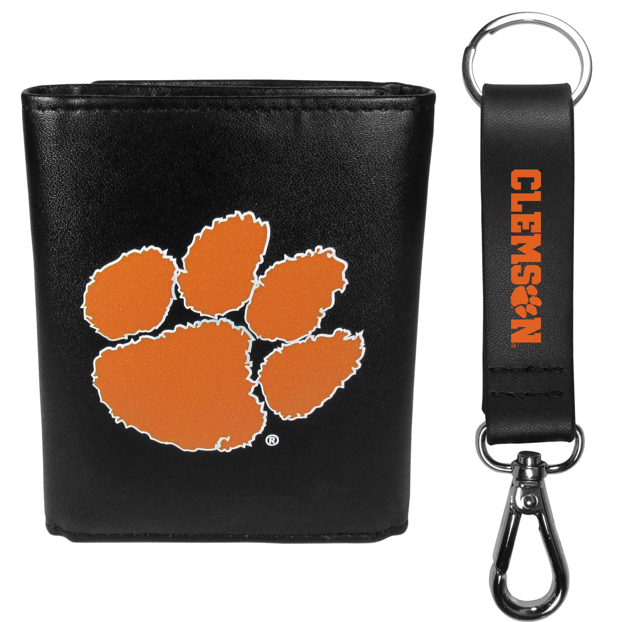 Clemson Tigers Leather Tri-fold Wallet & Strap Key Chain