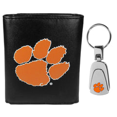 Clemson Tigers Leather Tri-fold Wallet & Steel Key Chain