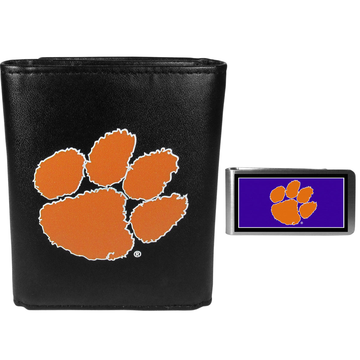 Clemson Tigers Leather Tri-fold Wallet & Color Money Clip