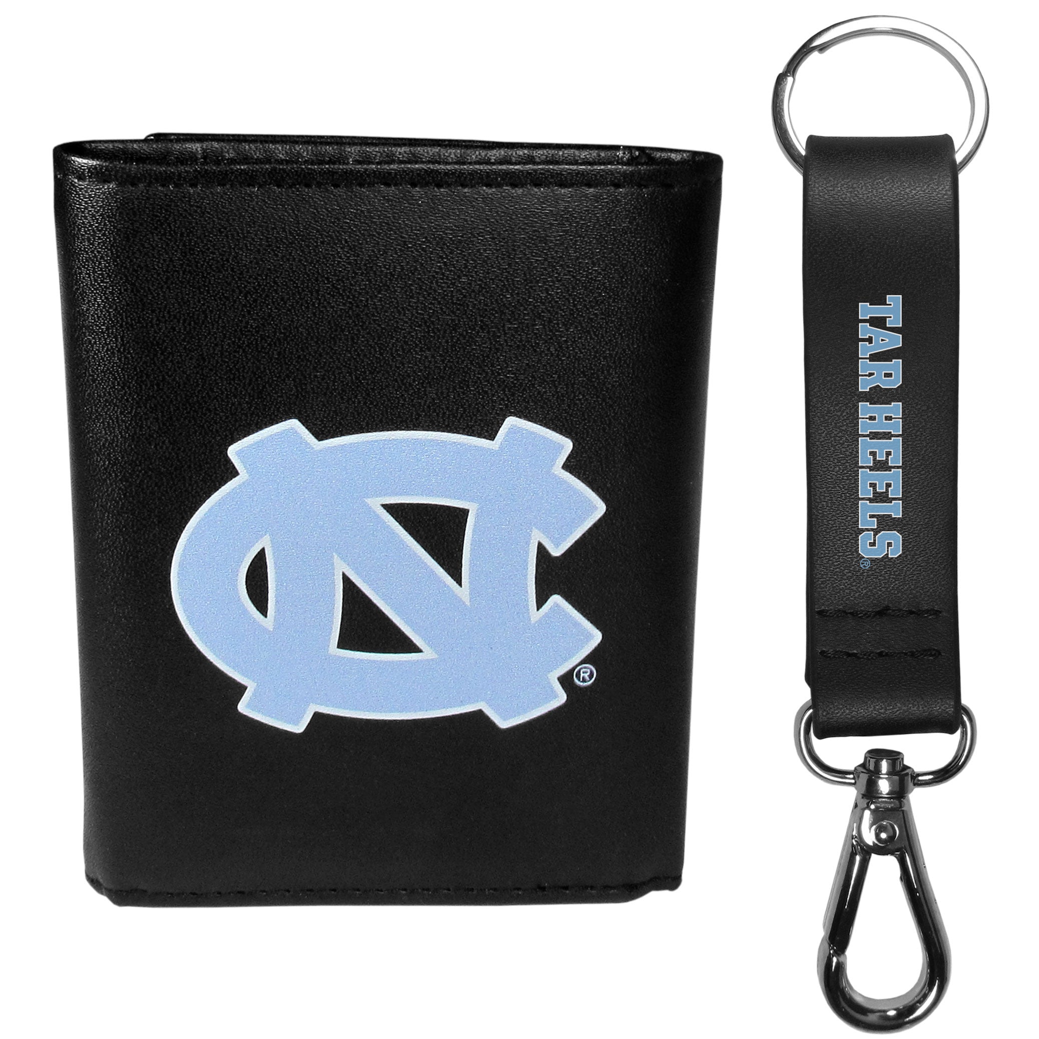 N. Carolina Tar Heels Leather Tri-fold Wallet & Strap Key Chain