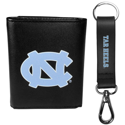 N. Carolina Tar Heels Leather Tri-fold Wallet & Strap Key Chain