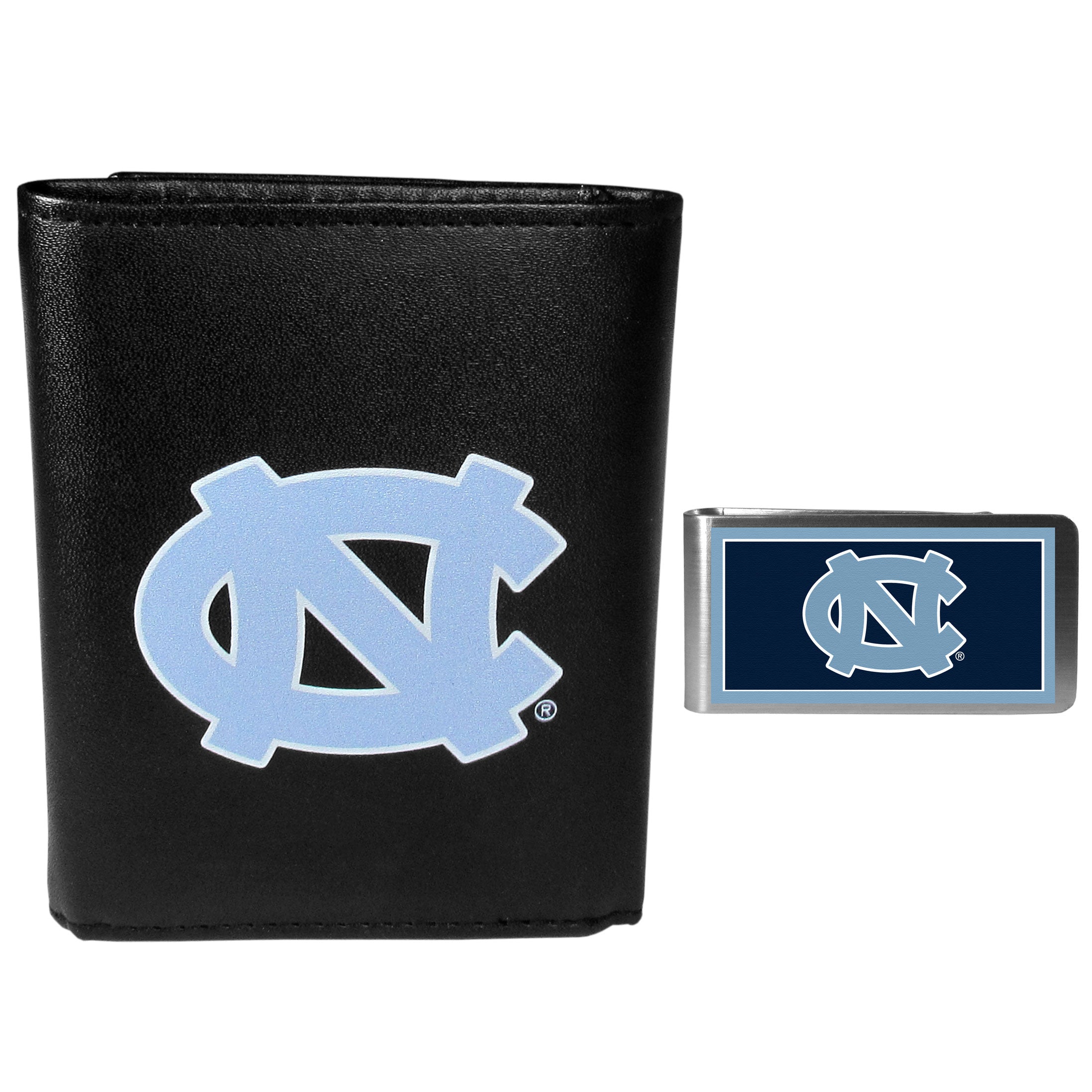 N. Carolina Tar Heels Leather Tri-fold Wallet & Color Money Clip