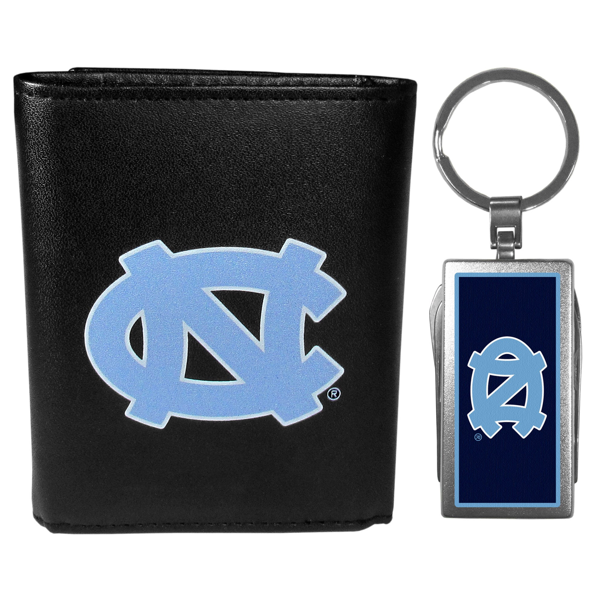 N. Carolina Tar Heels Leather Tri-fold Wallet & Multitool Key Chain Black