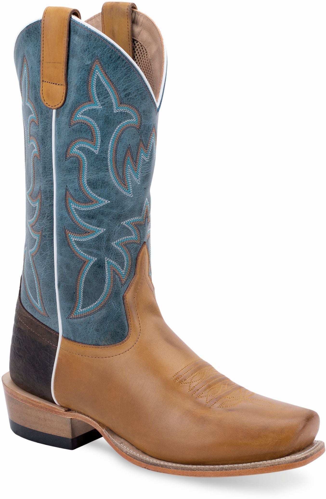 Old West Barn Wood Foot with Brown Bull Hide Counter Milled Crunchy Blue Shaft Men's Western Boots