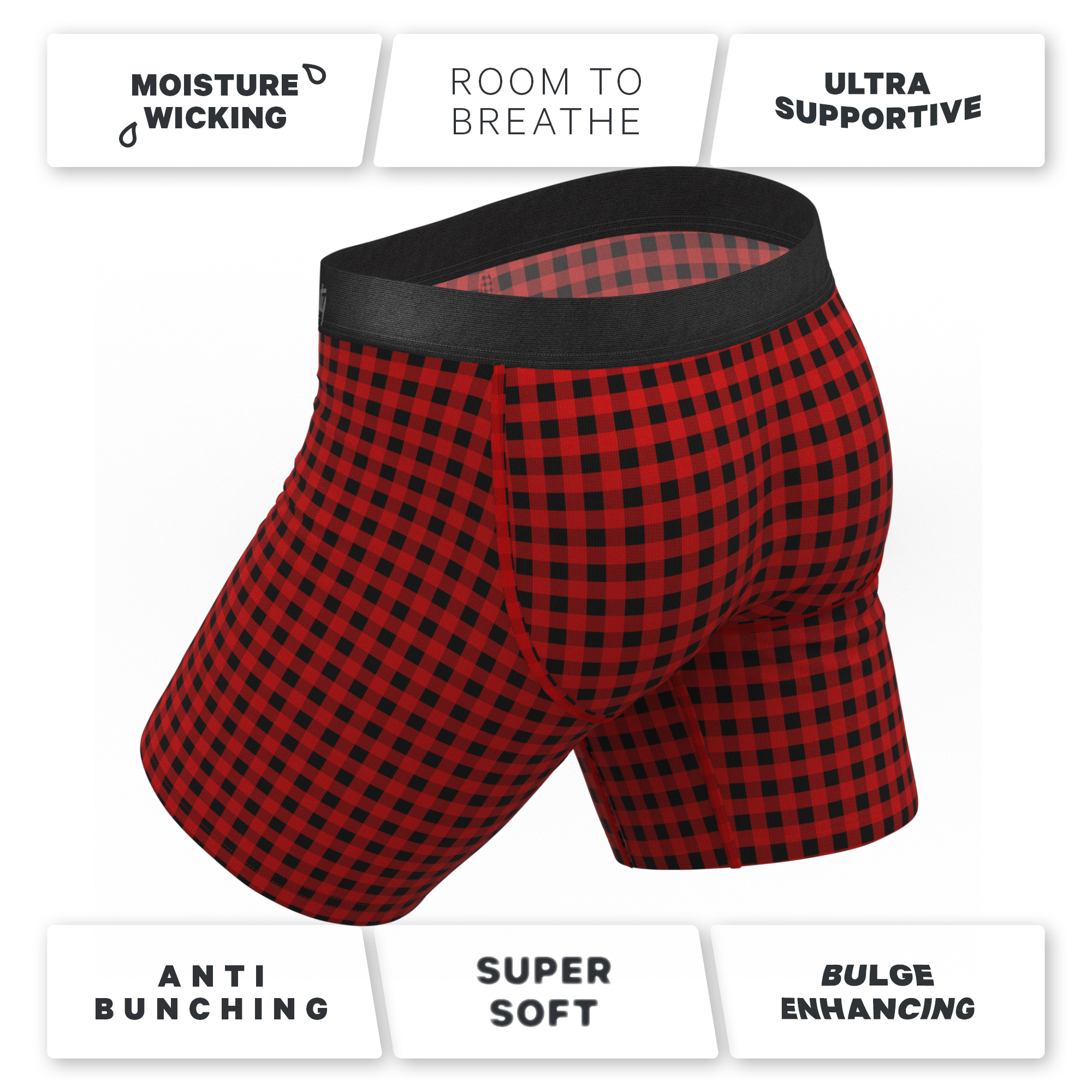 The Cardinal | Micro Buffalo Check Long Leg Ball Hammock® Pouch Underwear With Fly - Shinesty