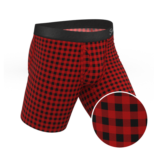 The Cardinal | Micro Buffalo Check Long Leg Ball Hammock® Pouch Underwear With Fly - Shinesty