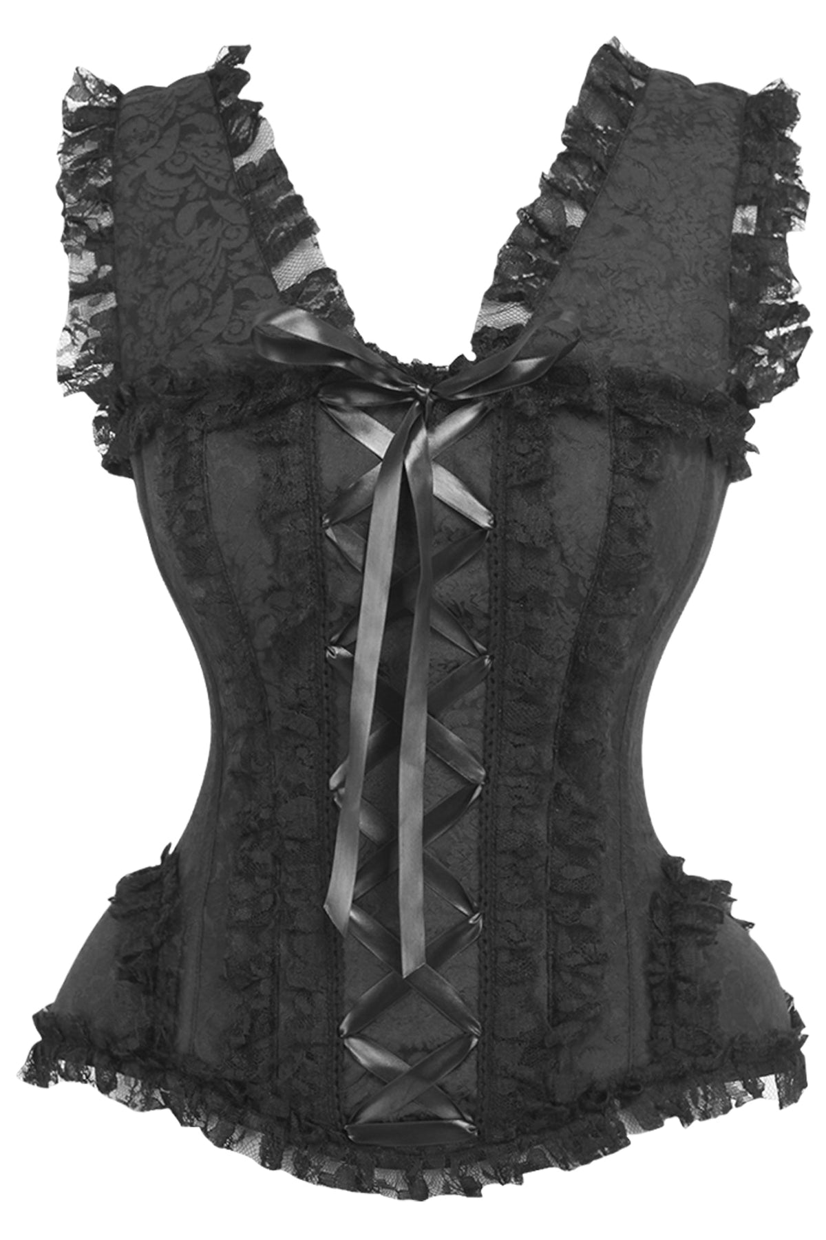 Daisy Corsets Top Drawer Black Brocade & Lace Steel Boned Corset w/Cap Sleeves