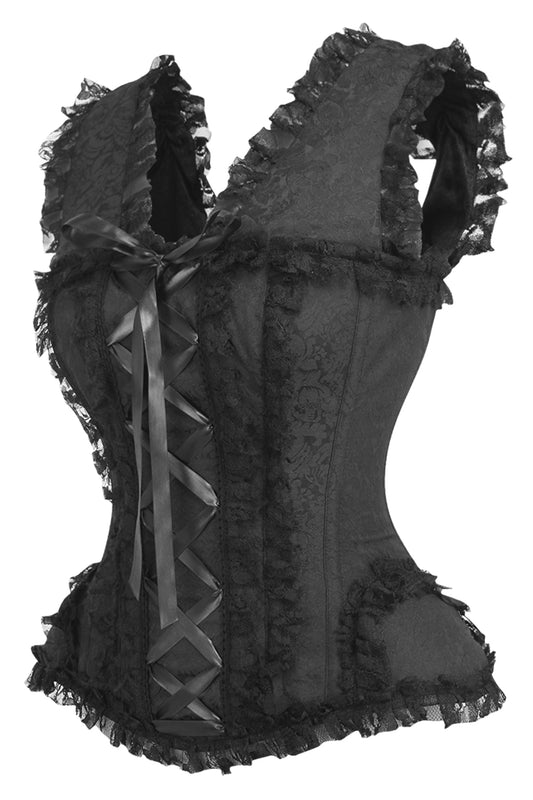 Daisy Corsets Top Drawer Black Brocade & Lace Steel Boned Corset w/Cap Sleeves