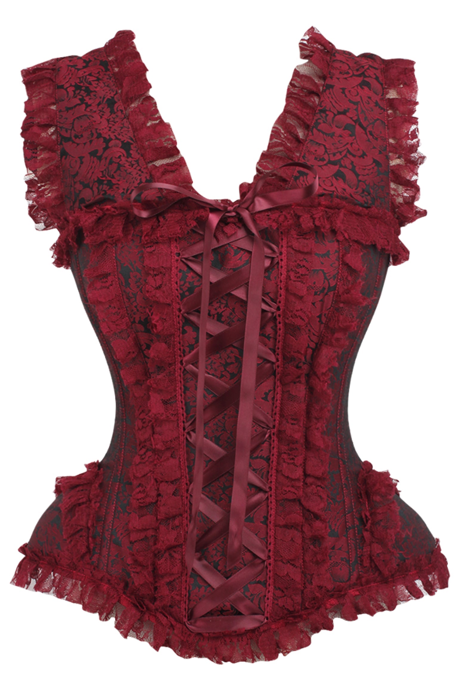 Daisy Corsets Top Drawer Red/Black Brocade & Lace Steel Boned Corset w/Cap Sleeves