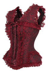 Daisy Corsets Top Drawer Red/Black Brocade & Lace Steel Boned Corset w/Cap Sleeves