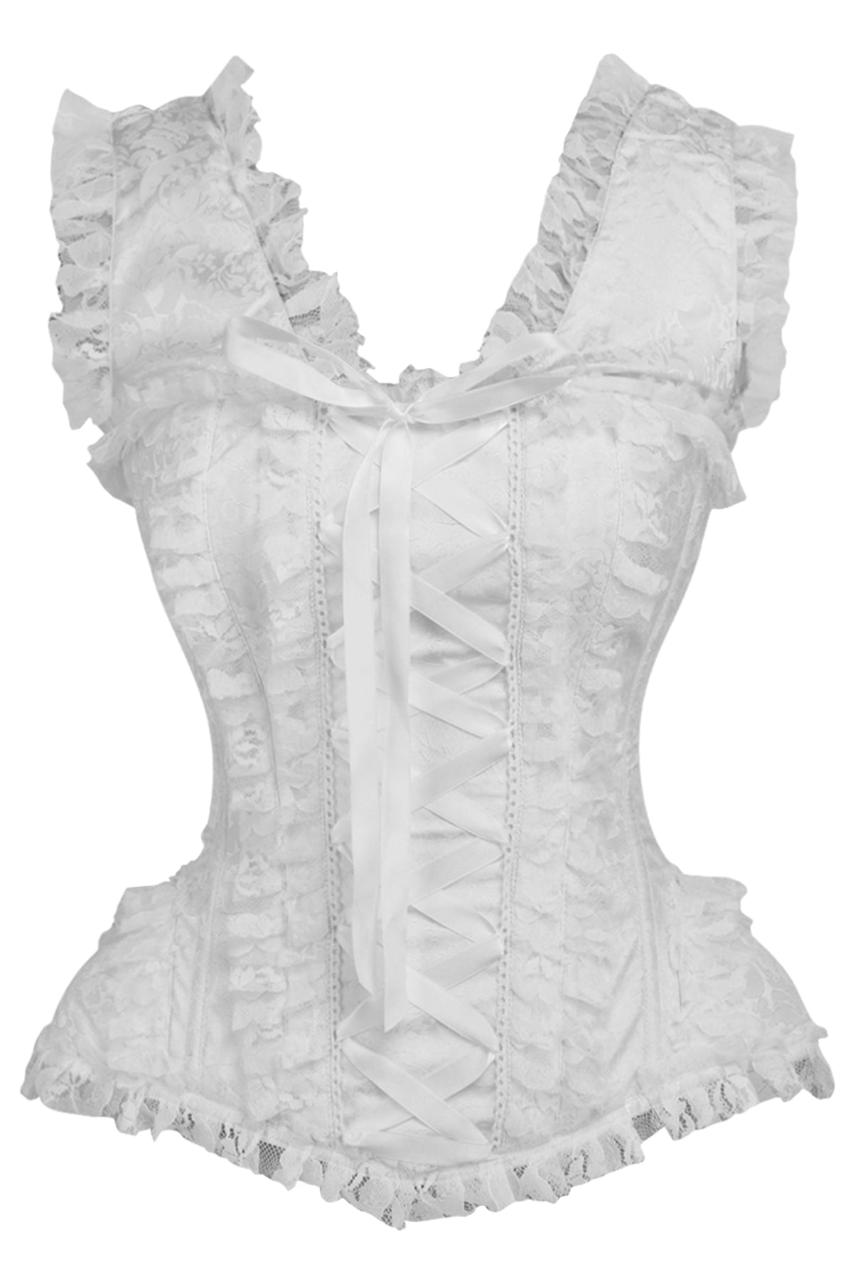 Daisy Corsets Top Drawer White Brocade & Lace Steel Boned Corset w/Cap Sleeves