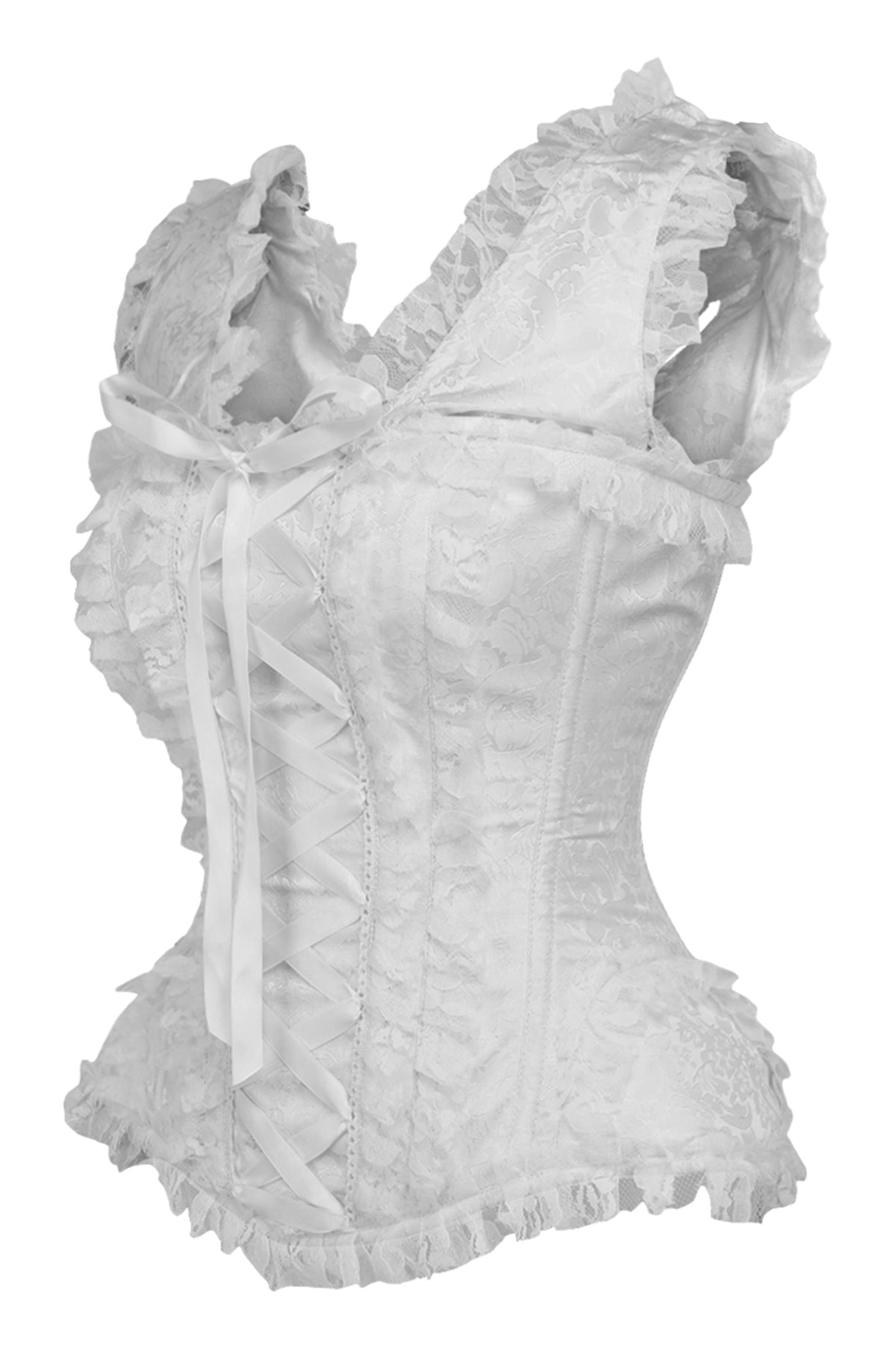 Daisy Corsets Top Drawer White Brocade & Lace Steel Boned Corset w/Cap Sleeves