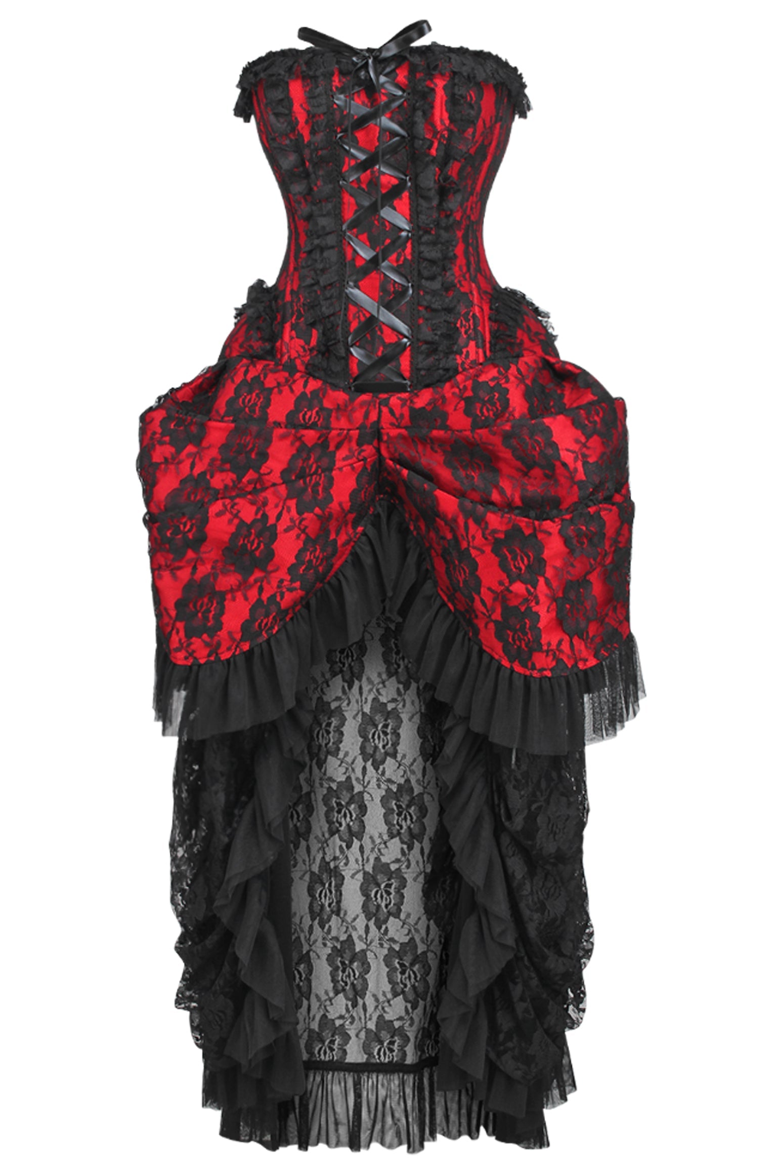 Daisy Corsets Top Drawer Steel Boned Red w/Black Lace Bustle Corset Dress